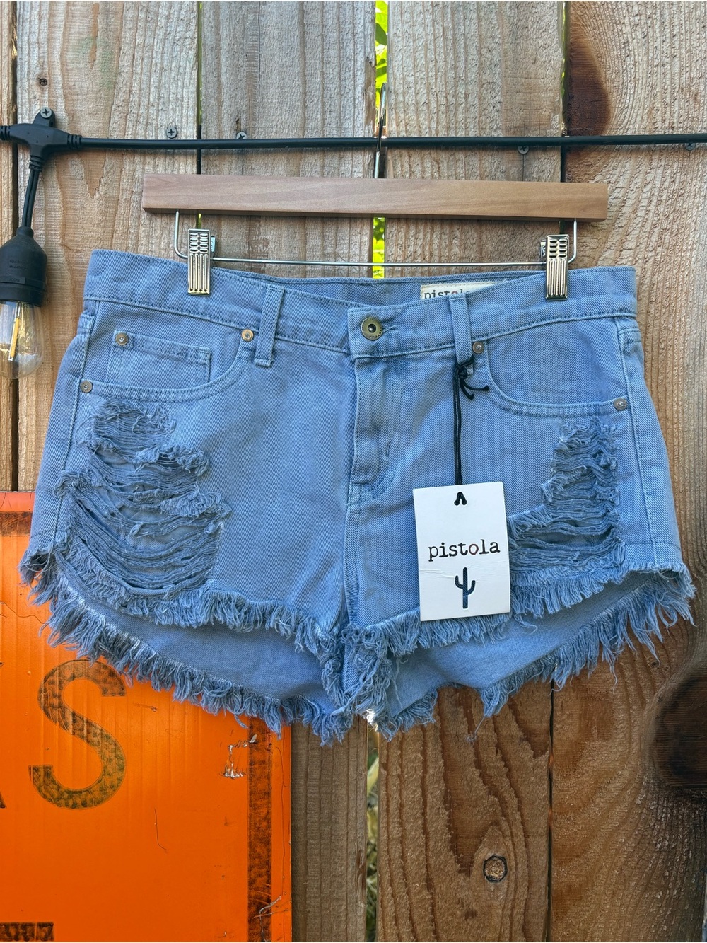 PISTOLA Light Blue Distressed Frayed Hem Denim Shorts